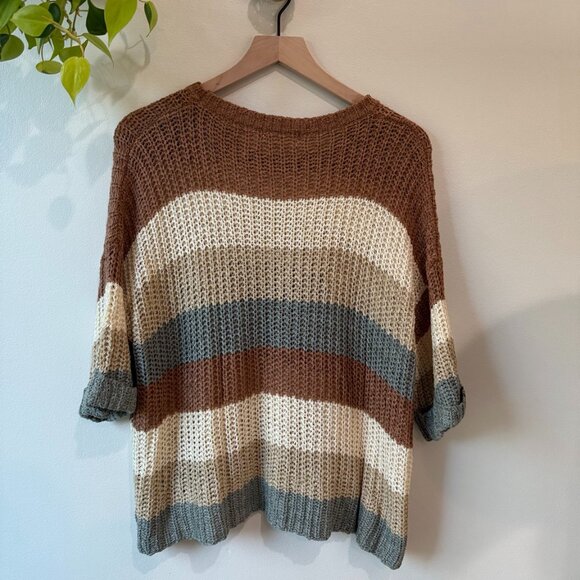 Altar'd State Striped Chunky Knit Sweater XS/S Brown Cream Blue Oversized Boho - Picture 3 of 5